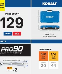 Kobalt Mechanics Tool Sets 129-Piece Standard (SAE) and Metric Combination Polished Chrome Mechanics Tool Set (1/4-in; 3/8-in) -Cheap Kobalt Store 17783413 scaled