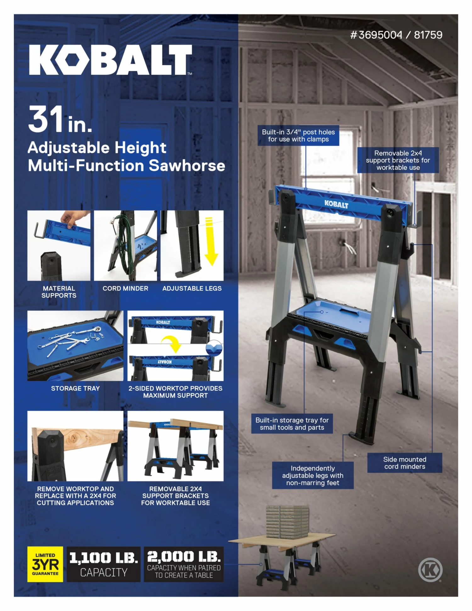 Kobalt Saw Horses 30.63-in W x 33.5-in H Adjustable Pp and Steel Construction Saw Horse (1000-lb Capacity) 6 Kobalt Saw Horses 30.63-in W x 33.5-in H Adjustable Pp and Steel Construction Saw Horse (1000-lb Capacity) - Image 6